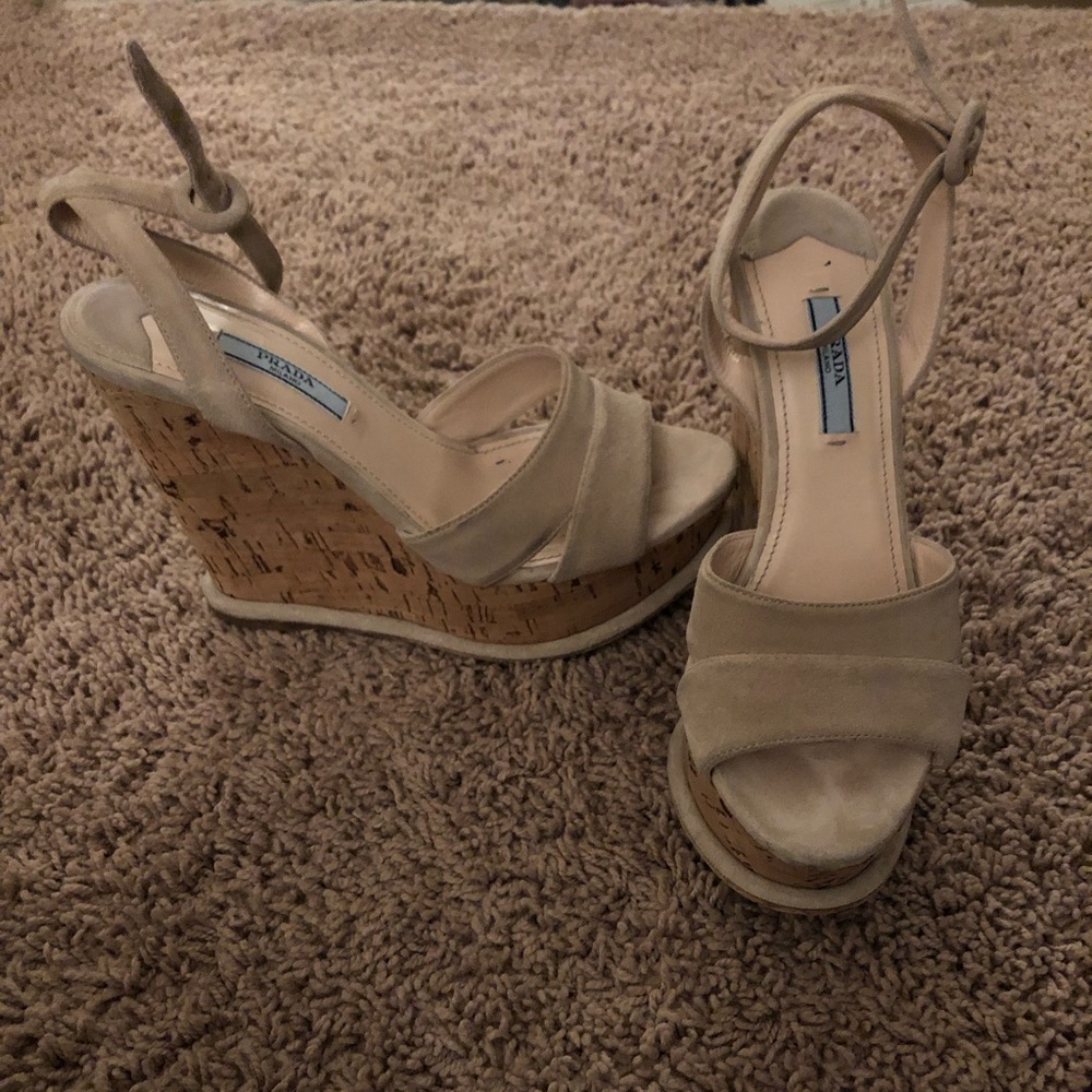 Authentic Prada tan wedged heels